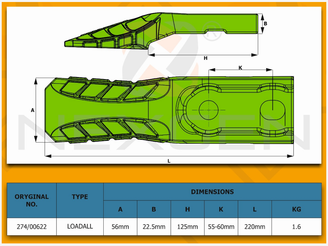 ОДНОСТОРОННИЙ ЦЕНТРАЛЬНЫЙ ЗУБ ПОГРУЗЧИКА JCB 274/00622